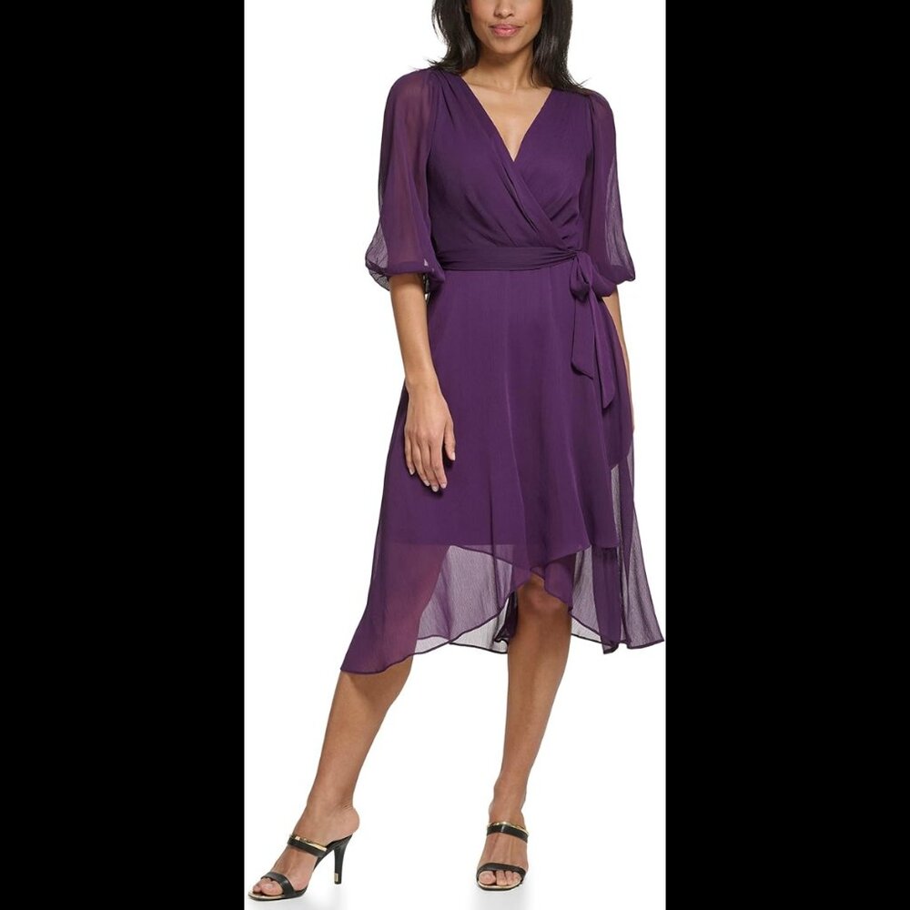 NWT DKNY Women's Balloon Sleeve Faux Wrap Midi Dress, Wine SZ 6